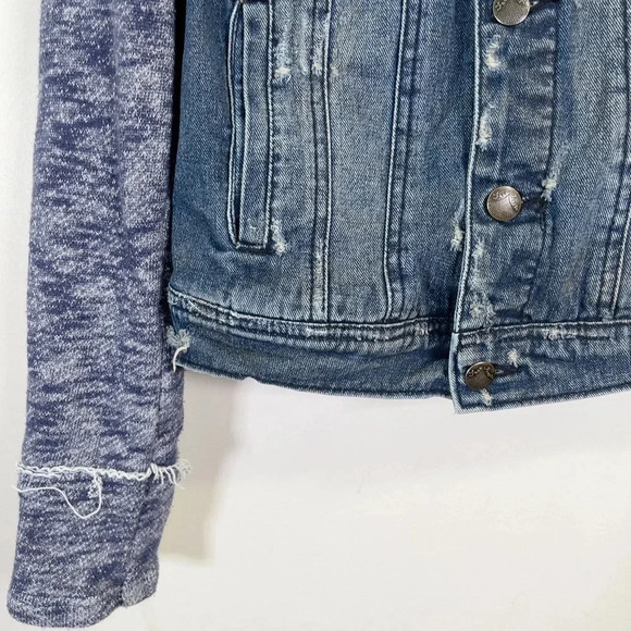 Free People Mixed Media Distressed Denim Jacket  with Knit Sleeves - Picture 10 of 16